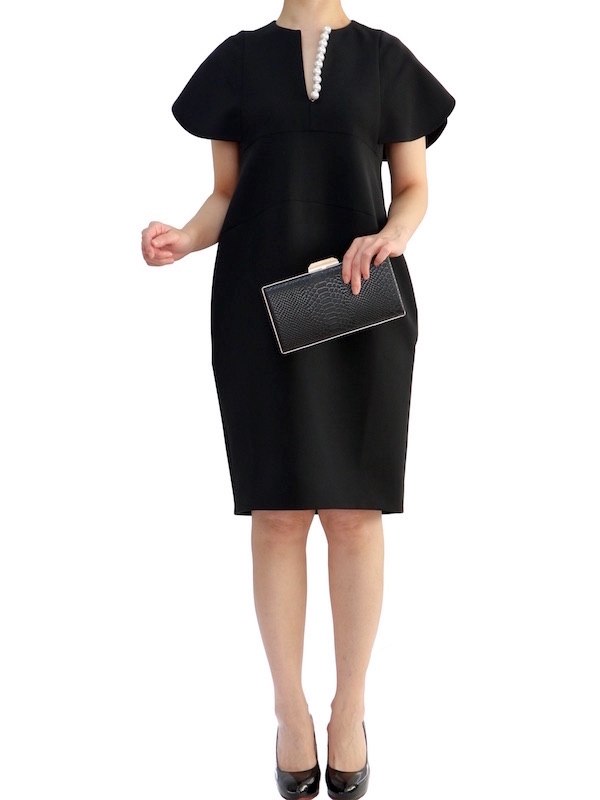 ヨーコチャン／フレアスリーブ パール付きドレス ブラック36 オケージョン