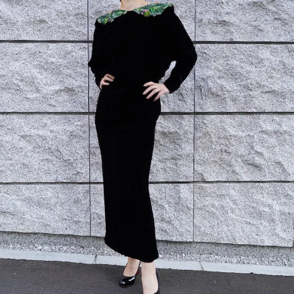 Mame Kurogouchi（マメ クロゴウチ）  エンブロイダードベルベットドレス（ブラック/サイズ2）全身正面2