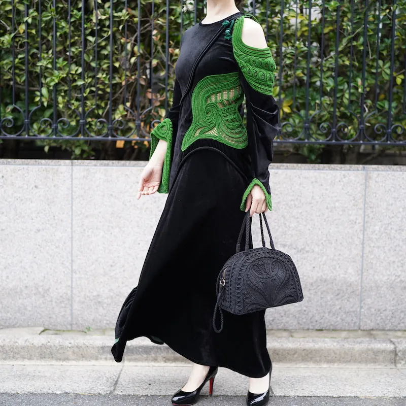 Mame Kurogouchi（マメ クロゴウチ）  コードエンブロイダリーベルベットジャージーロングドレス（ブラック/サイズ2）