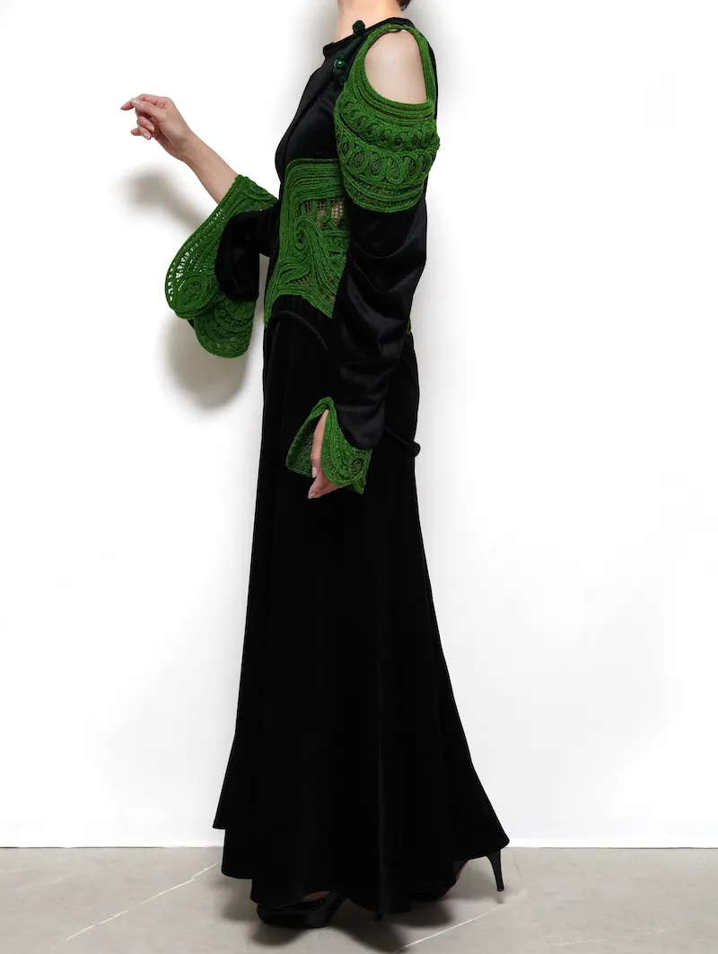 Mame Kurogouchi（マメ クロゴウチ）  コードエンブロイダリーベルベットジャージーロングドレス（ブラック/サイズ2）