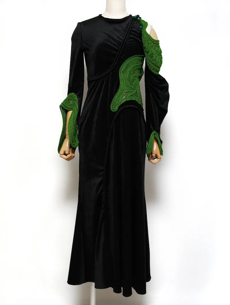 Mame Kurogouchi（マメ クロゴウチ）  コードエンブロイダリーベルベットジャージーロングドレス（ブラック/サイズ2）