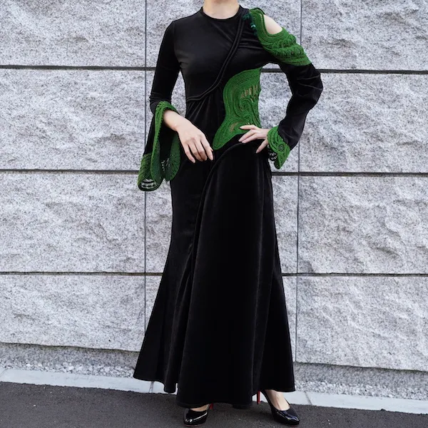 Mame Kurogouchi（マメ クロゴウチ）  コードエンブロイダリーベルベットジャージーロングドレス（ブラック/サイズ2）