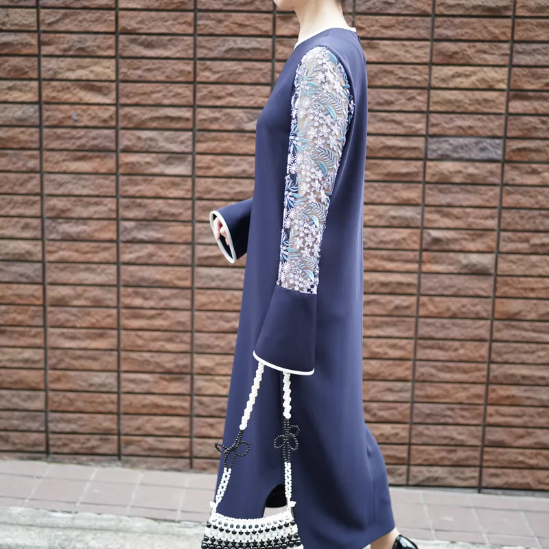 Mame Kurogouchi（マメ クロゴウチ）  フローラルレーススリーブクラッシックドレス（ネイビー/サイズ3）全身側面2