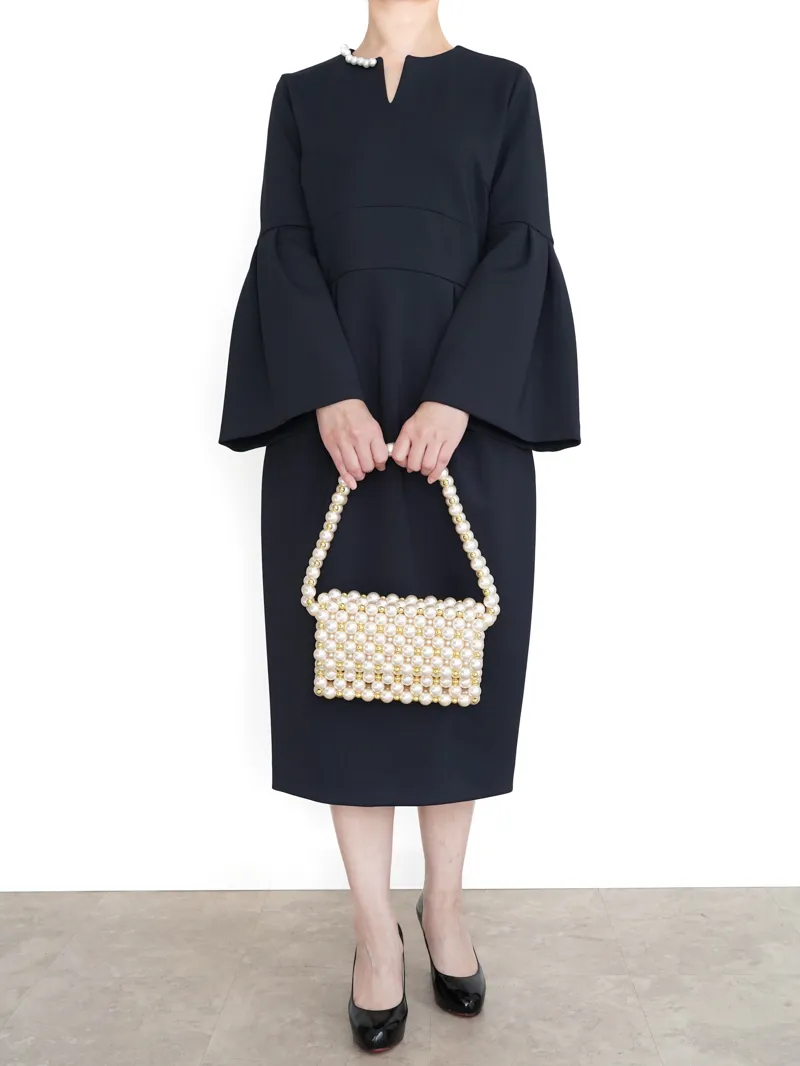 UNITED ARROWS（ユナイテッドアローズ） パールモチーフ スリットノーカラードレス（ネイビー/サイズ40）