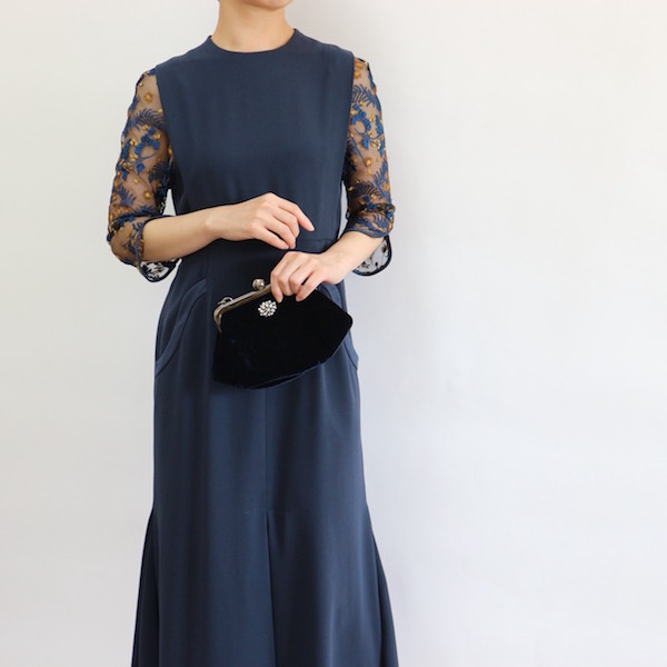 Mame Kurogouchi（マメ クロゴウチ） レーススリーブAラインドレス（ネイビー/サイズ2）｜レンタルドレス THE DRESS