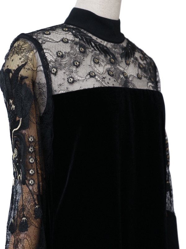 Mame Kurogouchi（マメ クロゴウチ） ベロアスタンドカラーレーススリーブドレス（ブラック/サイズ2）｜レンタルドレス THE DRESS