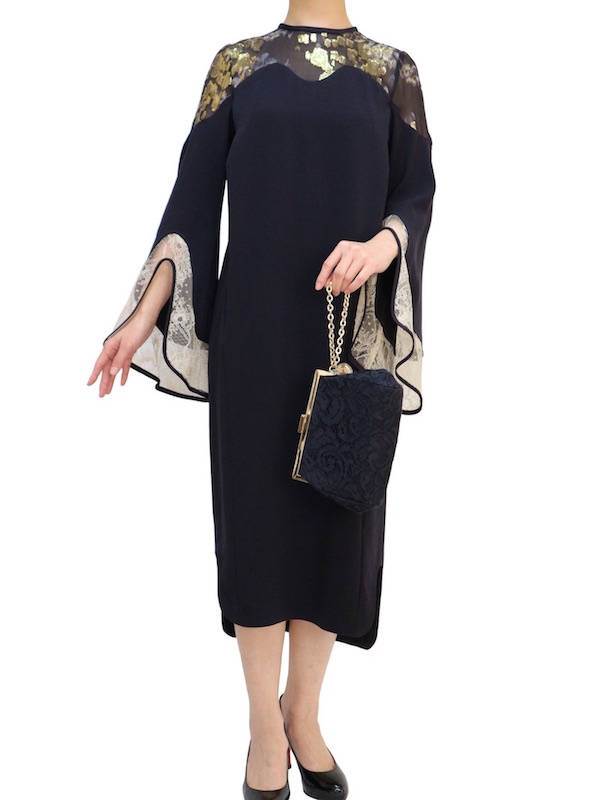 Mame Kurogouchi（マメ クロゴウチ） シルクラメプリントIラインドレス（ネイビー/サイズ1）｜レンタルドレス THE DRESS