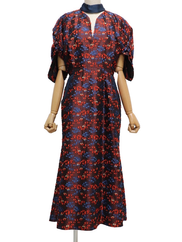 Mame Kurogouchi（マメ クロゴウチ） フローラルカットジャガードボリュームスリーブドレス（ブラウン/サイズ2）｜レンタルドレス