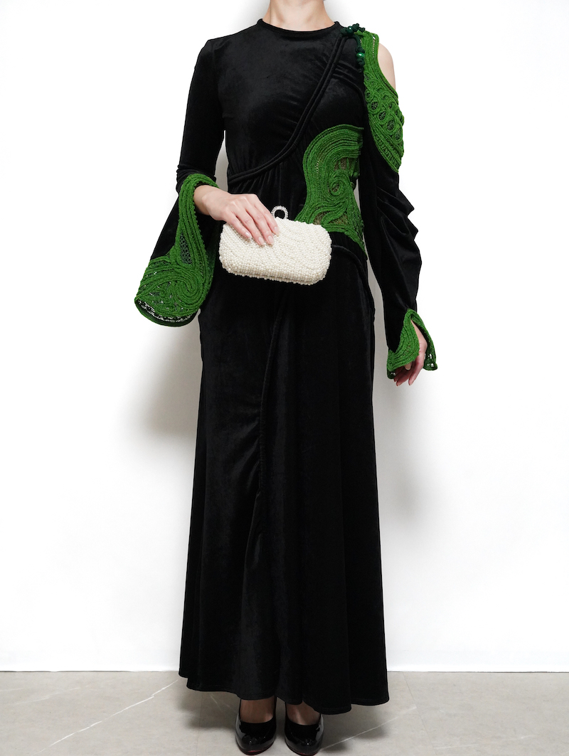 Mame Kurogouchi（マメ クロゴウチ） コードエンブロイダリーベルベットジャージーロングドレス（ブラック/サイズ2）