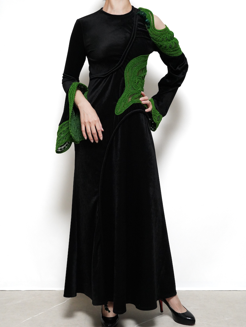 Mame Kurogouchi（マメ クロゴウチ） コードエンブロイダリーベルベットジャージーロングドレス（ブラック/サイズ1）