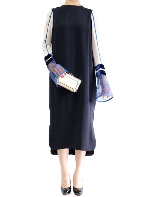 Mame Kurogouchi（マメ クロゴウチ） シルクラメプリントスリーブドレス（ネイビー/サイズ1）