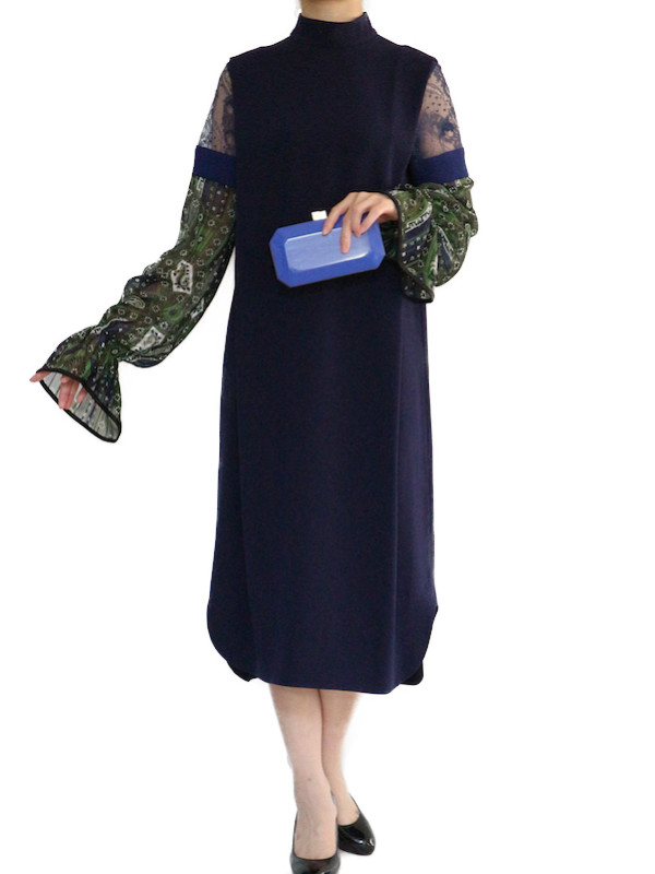 Mame Kurogouchi（マメ クロゴウチ） ステンドグラスプリントスリーブドレス（ネイビーxグリーン/サイズ1）